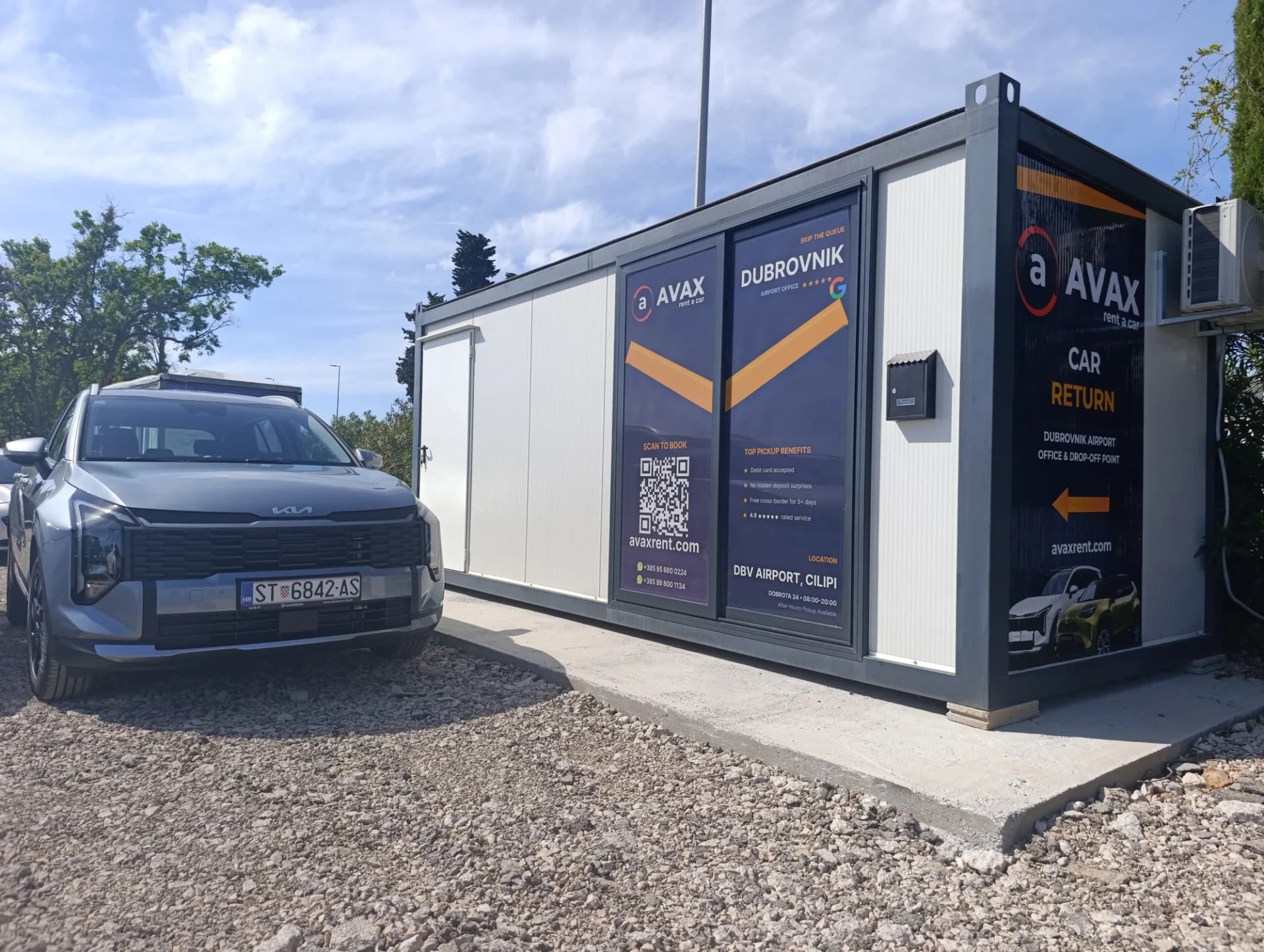 Car return drop-off point at AVAX Dubrovnik Airport rental office, Dobrota 24, Čilipi