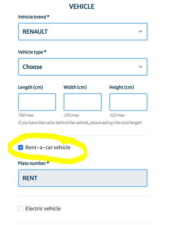 Selecting rent-a-car option on Jadrolinija
